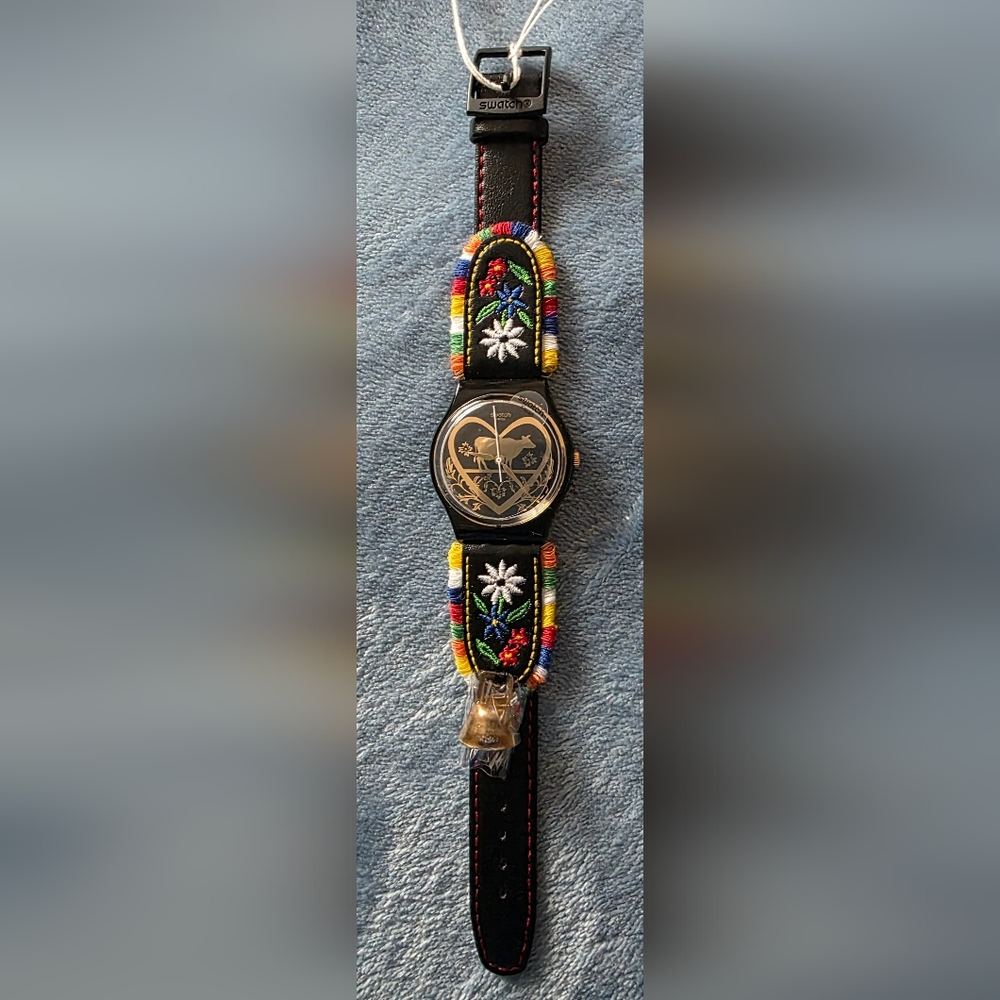 Swatch Black Watch with Multicolor Embroidered Strap